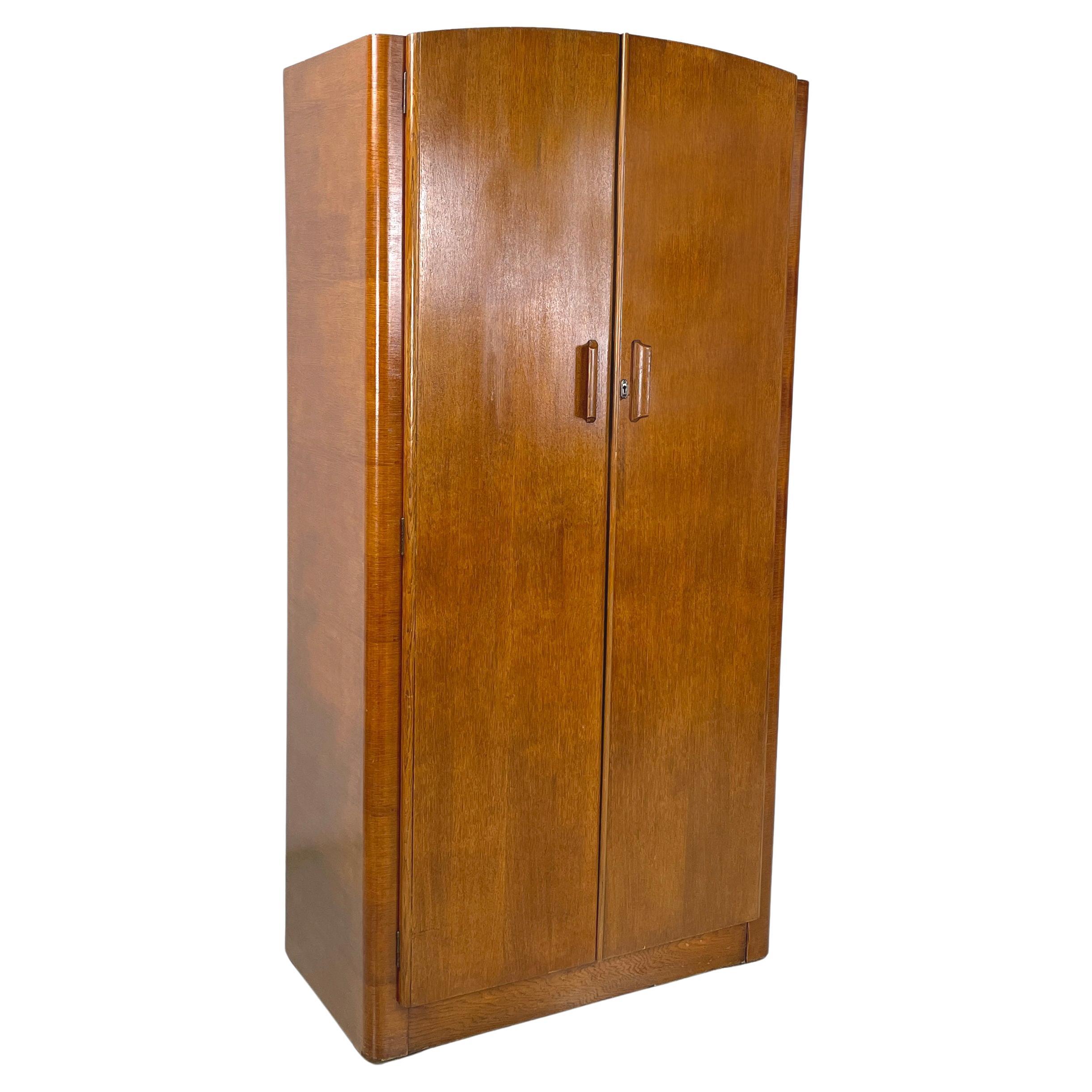 Italian art deco style Wooden wardrobe with mirror and shelves, 1950s