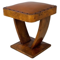 Italian art deco Stool or pouf in brown leather and wood, 1940s