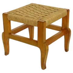 Italian Art Deco Stool with Hand-Woven Rush Seat, 1930s