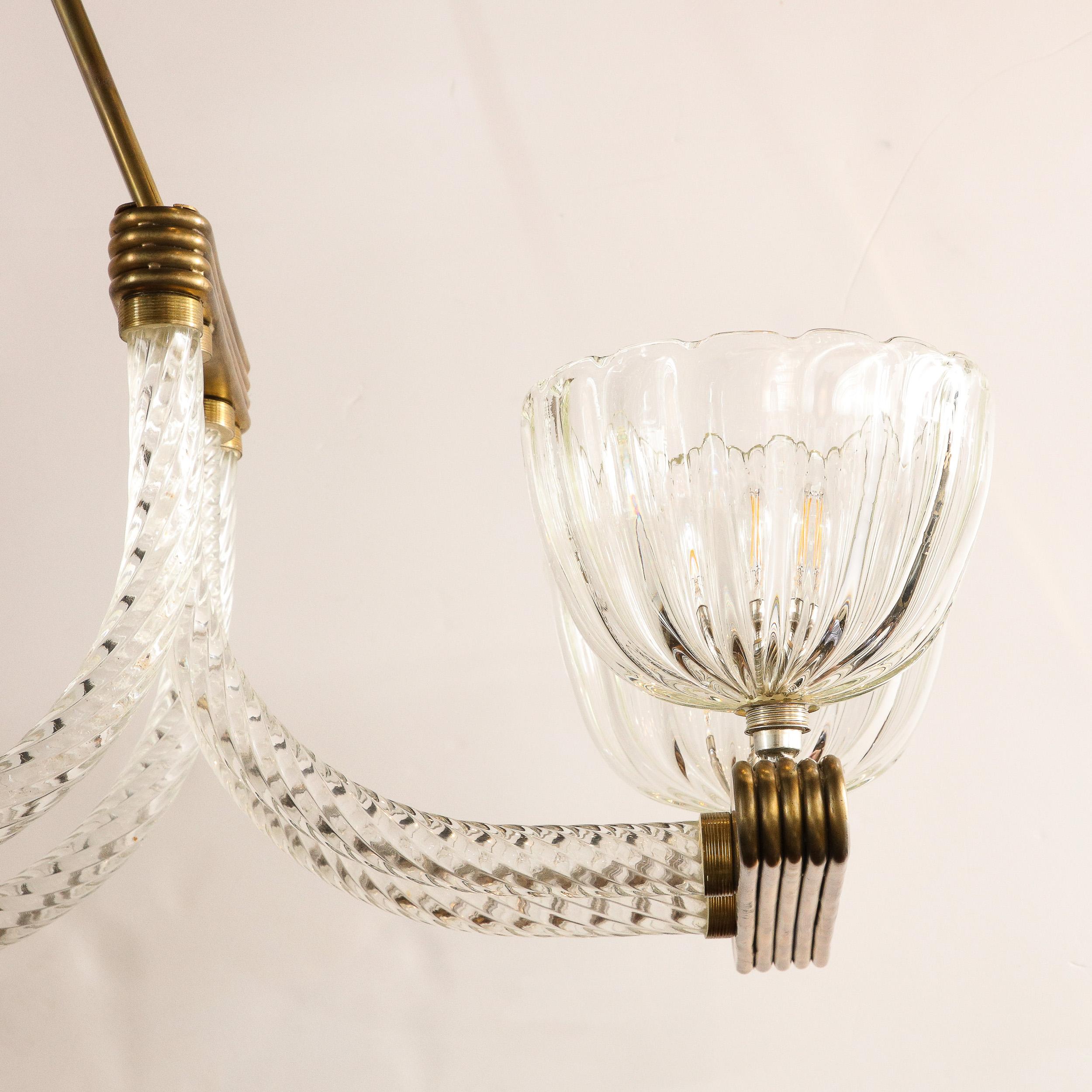 Italian Art Deco Streamlined Brass & Braided Glass Chandelier by Ercole Barovier In Excellent Condition In New York, NY