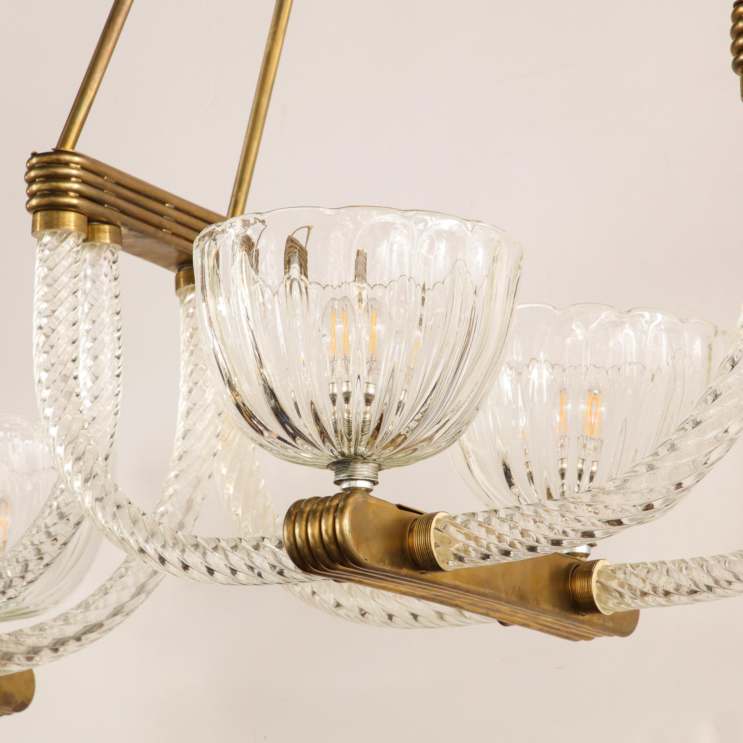 Italian Art Deco Streamlined Brass & Braided Glass Chandelier by Ercole Barovier 4