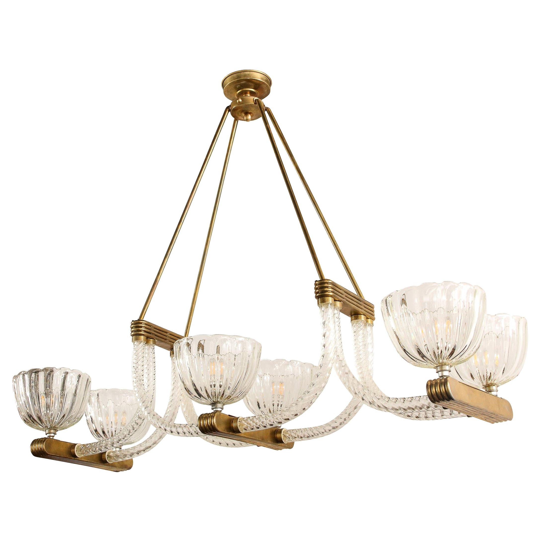 Italian Art Deco Streamlined Brass & Braided Glass Chandelier by Ercole Barovier