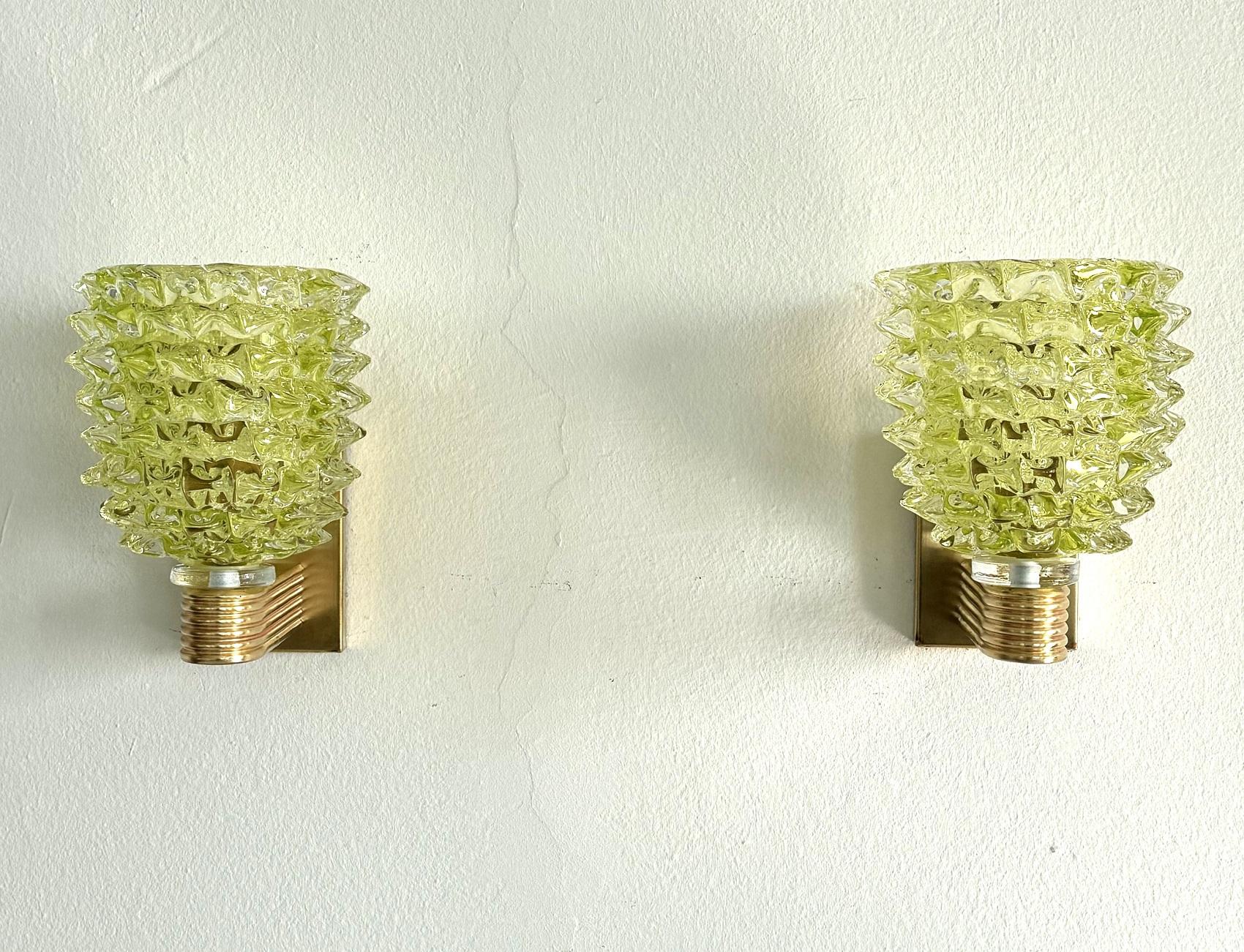 Italienische Wandleuchten im Art-Déco-Stil aus Messing und grünem Murano-Glas Rostrato, 1990er Jahre im Angebot 6