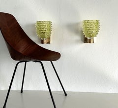 Italian Art Deco Style Brass and Green Rostrato Murano Glass Wall Sconces, 1990s