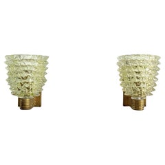 Italian Art Deco Style Brass and Green Rostrato Murano Glass Wall Sconces, 1990s