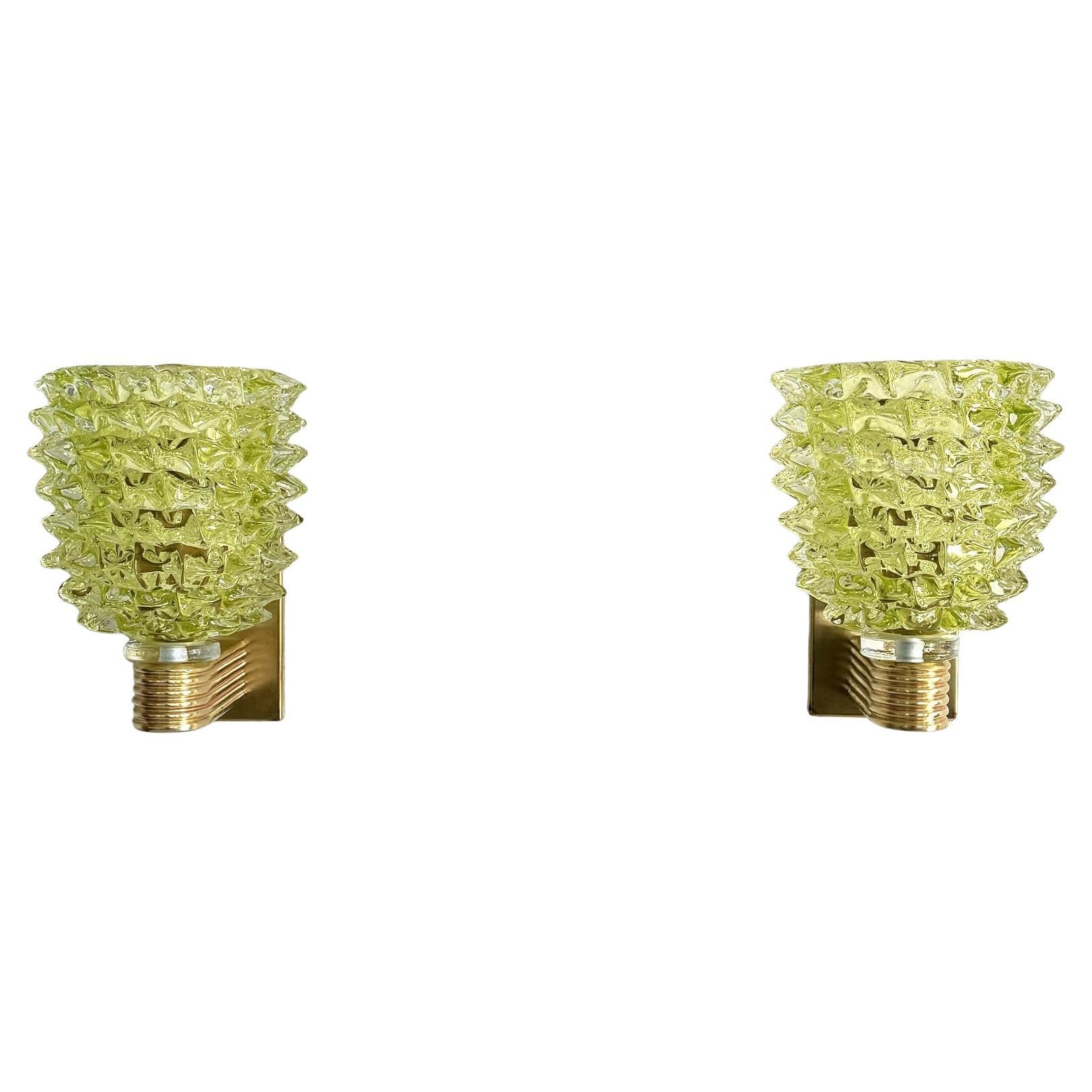 Italian Art Deco Style Brass and Green Rostrato Murano Glass Wall Sconces, 1990s