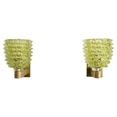 Italian Art Deco Style Brass and Green Rostrato Murano Glass Wall Sconces, 1990s