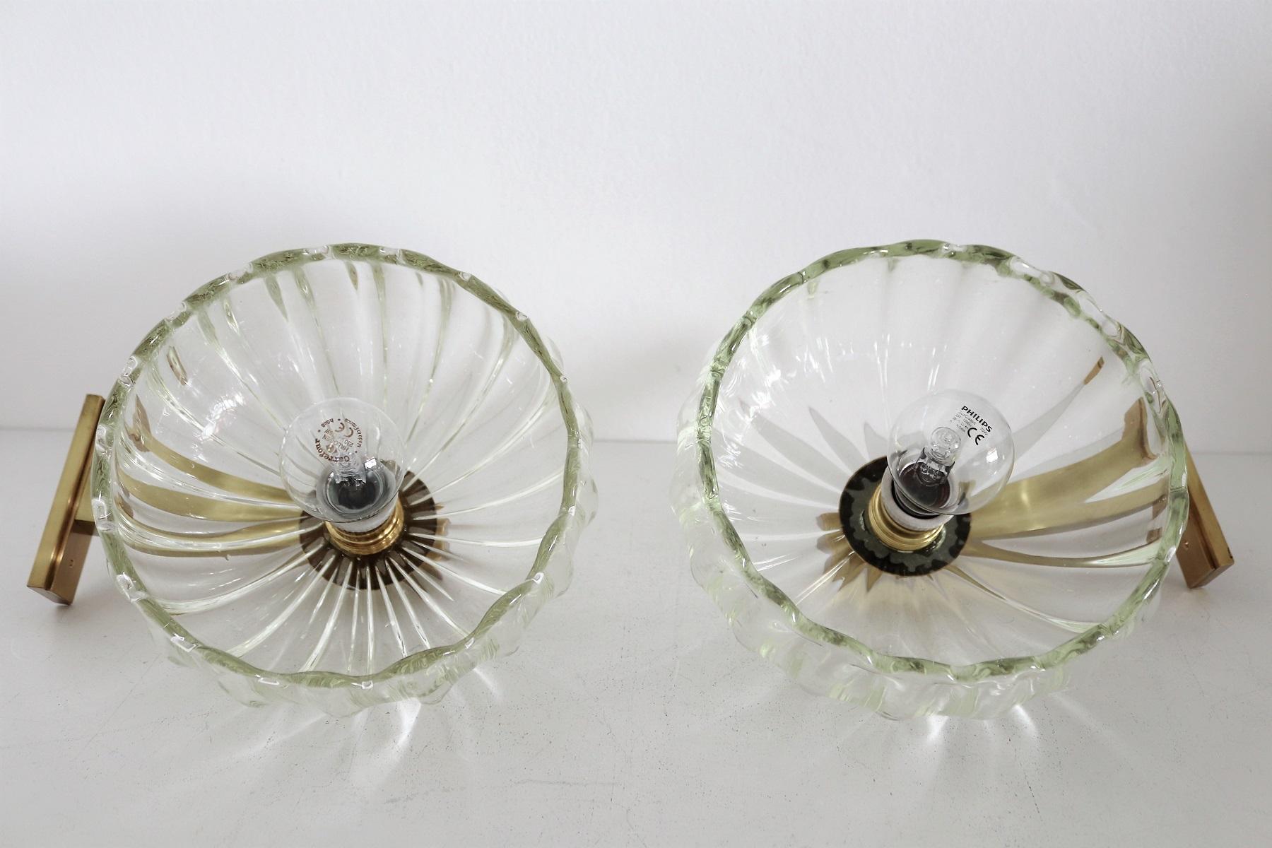 Italian Art Deco Style Brass and Murano Glass Wall Lights or Sconces, 1970s 5