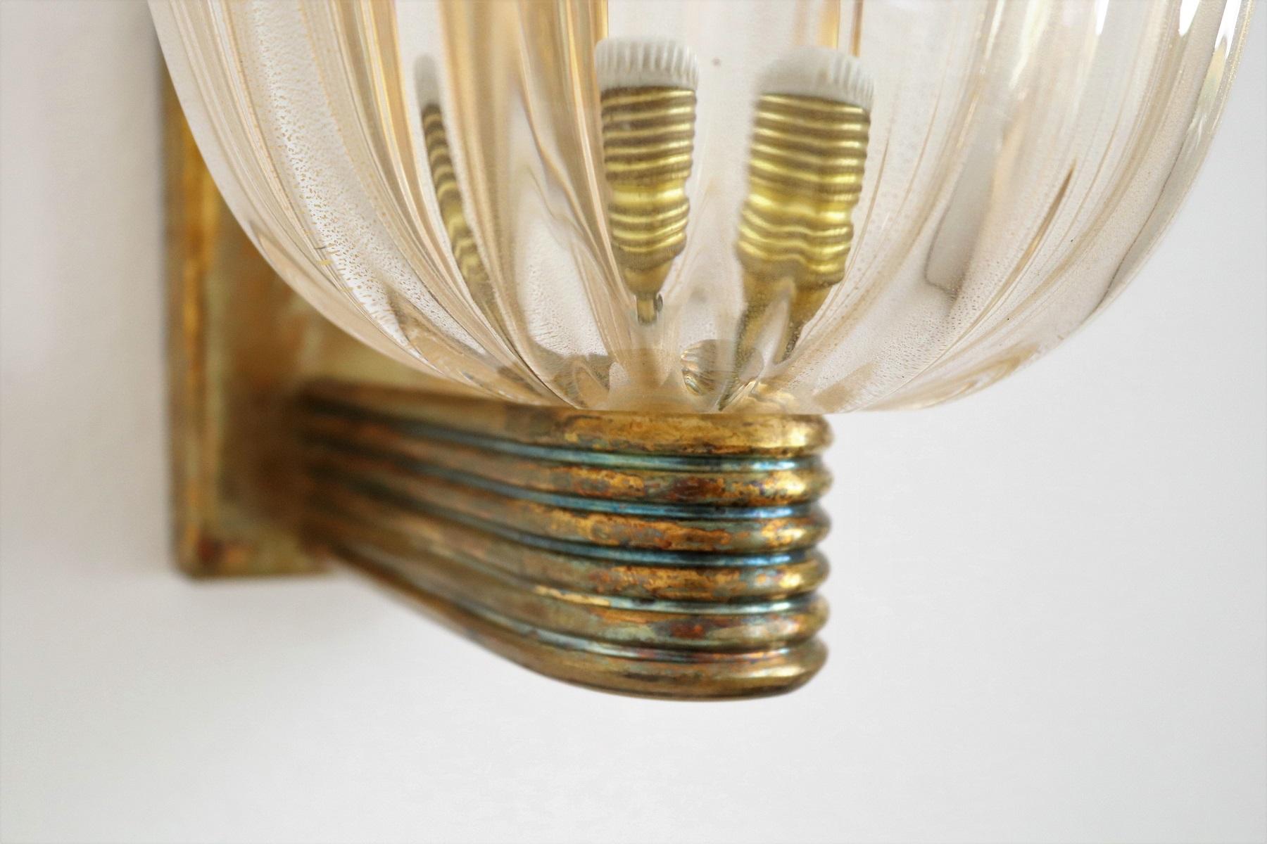 Italian Art Deco Style Brass and Murano Glass Wall Lights or Sconces, 1970s 6