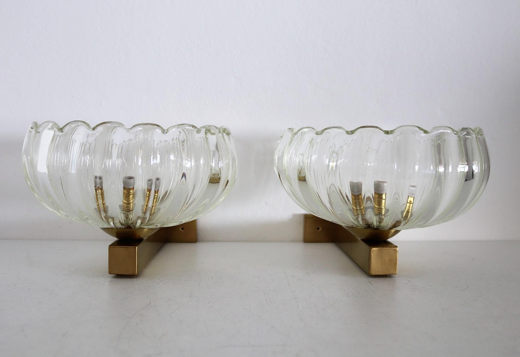 Italian Art Deco Style Brass and Murano Glass Wall Lights or Sconces, 1970s 7