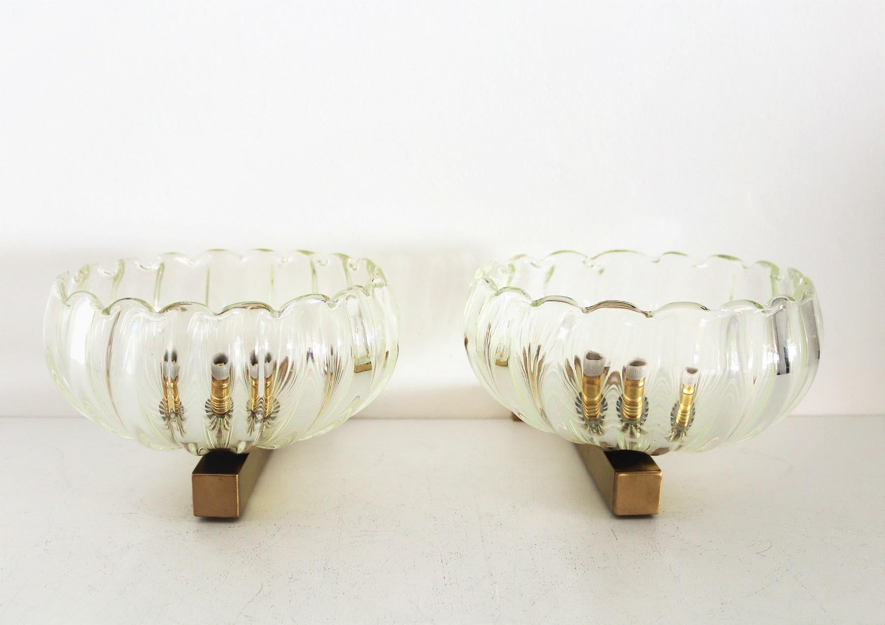 Italian Art Deco Style Brass and Murano Glass Wall Lights or Sconces, 1970s 8