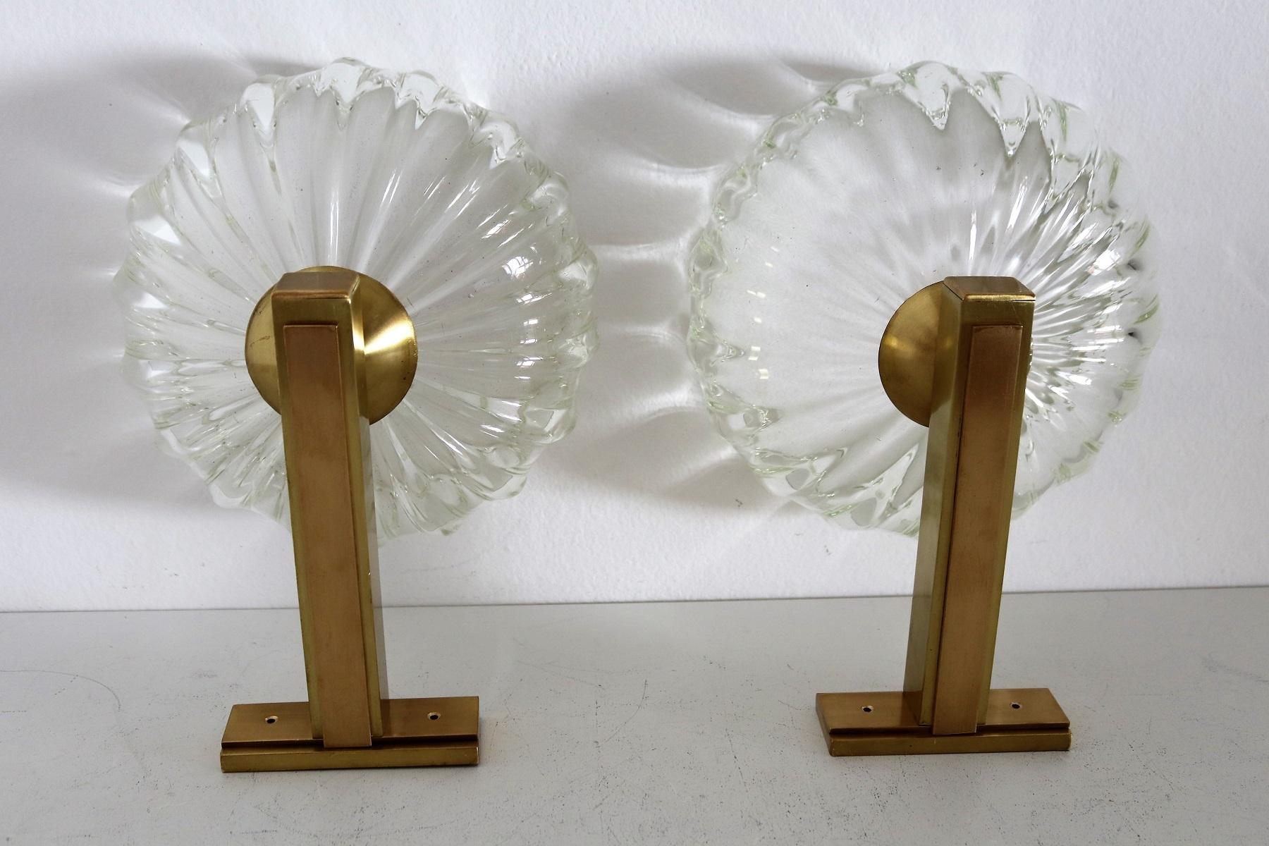 Italian Art Deco Style Brass and Murano Glass Wall Lights or Sconces, 1970s 9