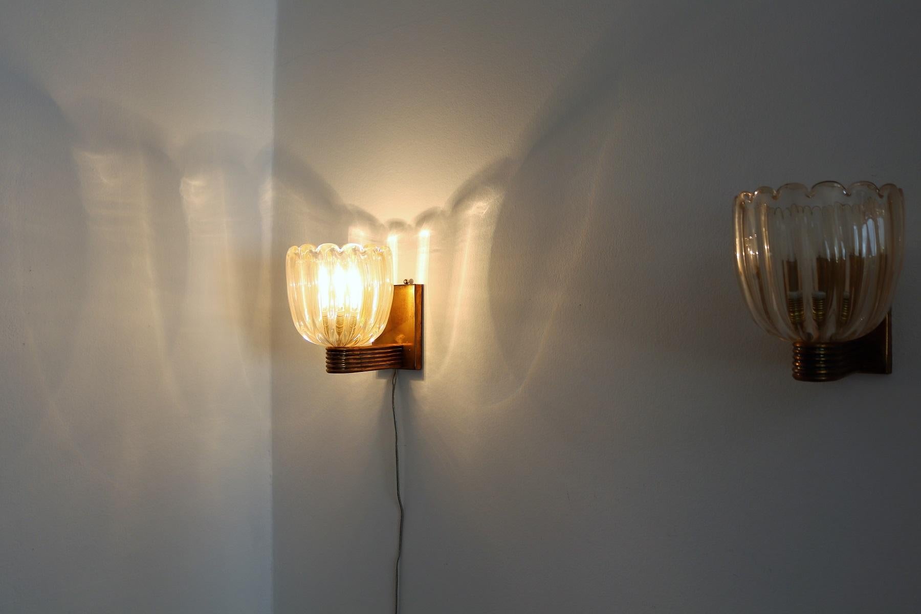 Italian Art Deco Style Brass and Murano Glass Wall Lights or Sconces, 1970s 9