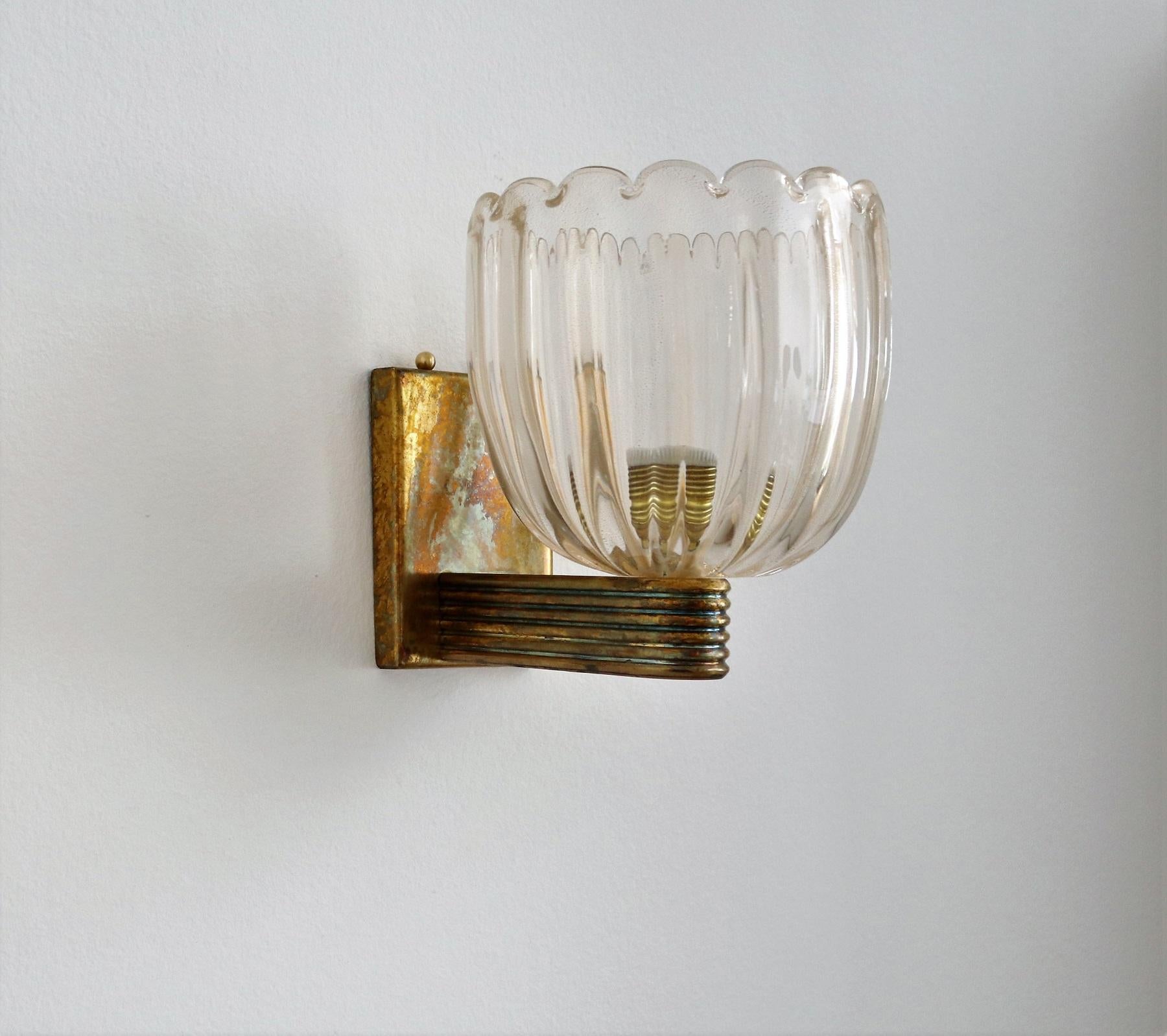 Italian Art Deco Style Brass and Murano Glass Wall Lights or Sconces, 1970s 10