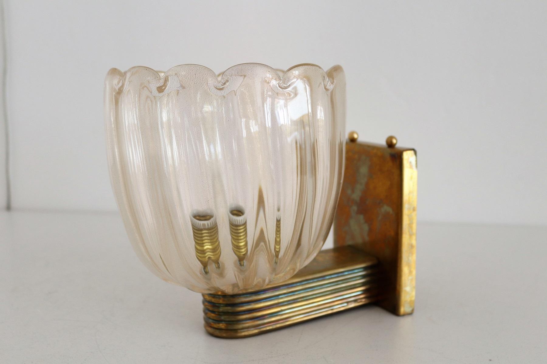 Italian Art Deco Style Brass and Murano Glass Wall Lights or Sconces, 1970s 11