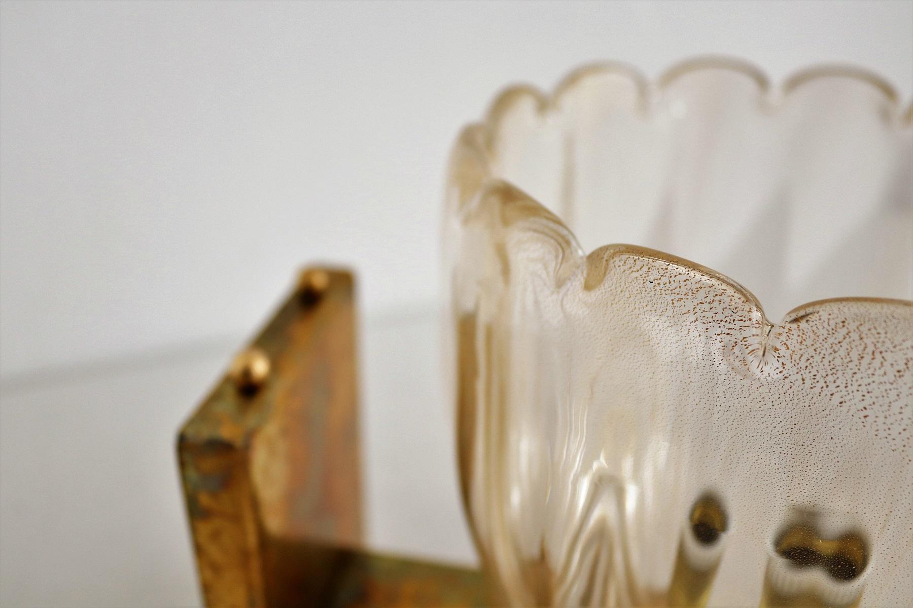 Italian Art Deco Style Brass and Murano Glass Wall Lights or Sconces, 1970s 12