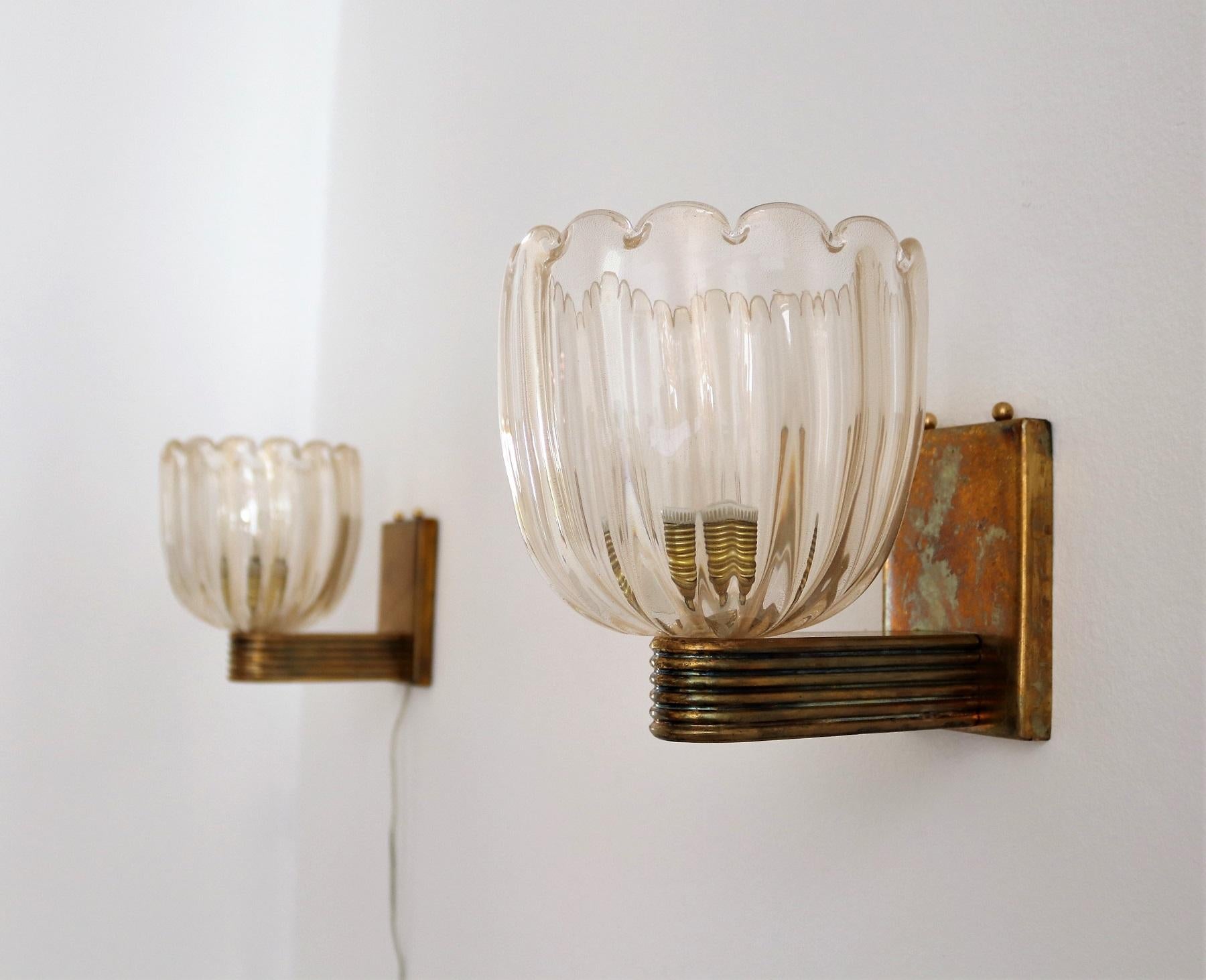 Italian Art Deco Style Brass and Murano Glass Wall Lights or Sconces, 1970s 13