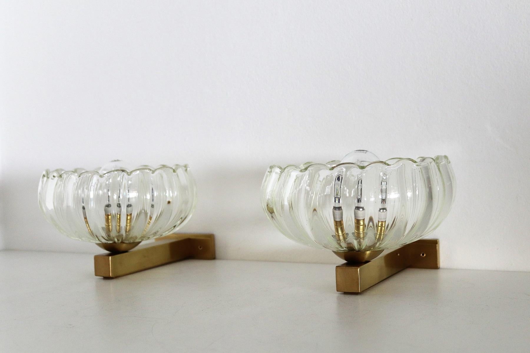 Polished Italian Art Deco Style Brass and Murano Glass Wall Lights or Sconces, 1970s