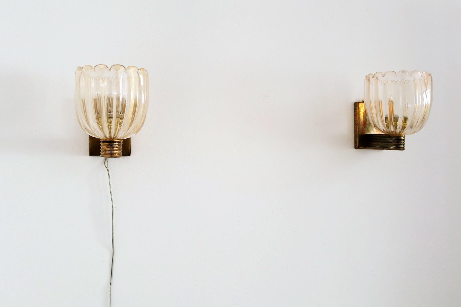 Hand-Crafted Italian Art Deco Style Brass and Murano Glass Wall Lights or Sconces, 1970s