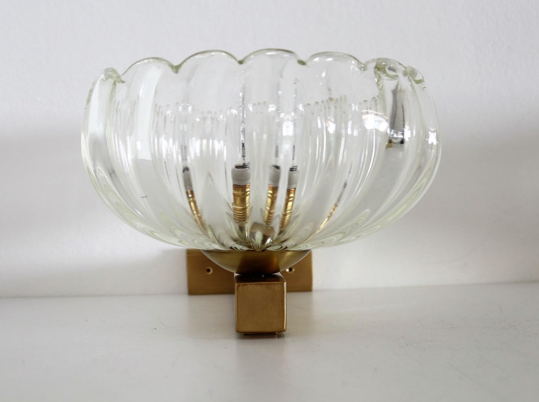 Italian Art Deco Style Brass and Murano Glass Wall Lights or Sconces, 1970s 2