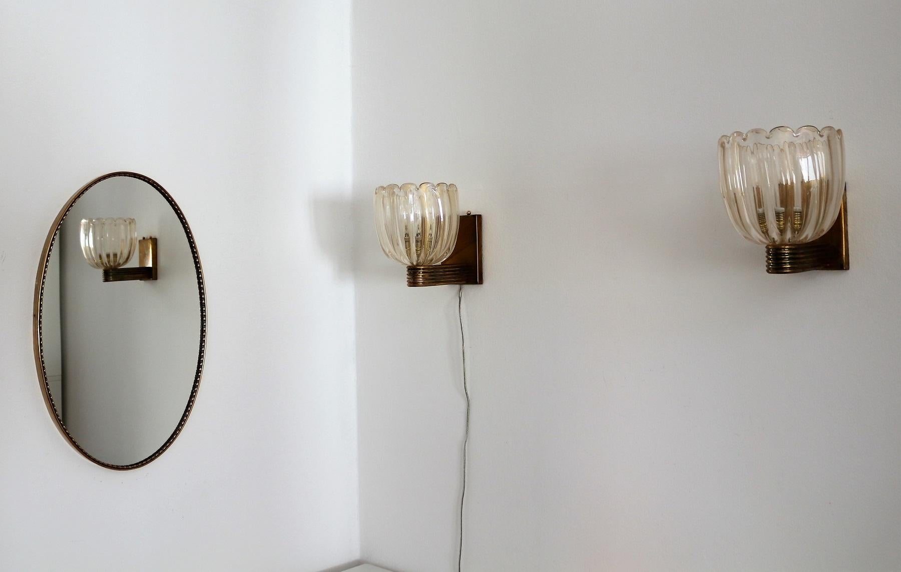 Italian Art Deco Style Brass and Murano Glass Wall Lights or Sconces, 1970s 2