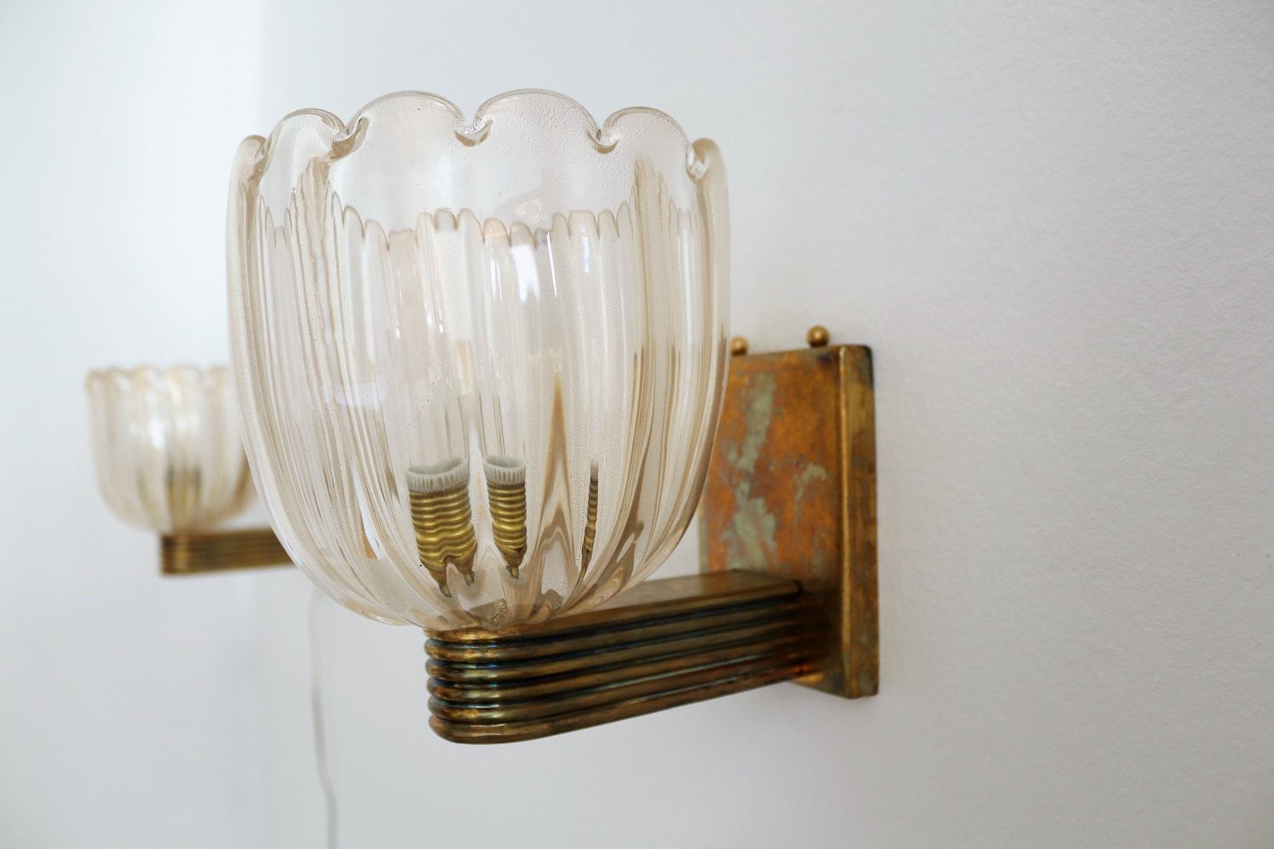 Italian Art Deco Style Brass and Murano Glass Wall Lights or Sconces, 1970s 3