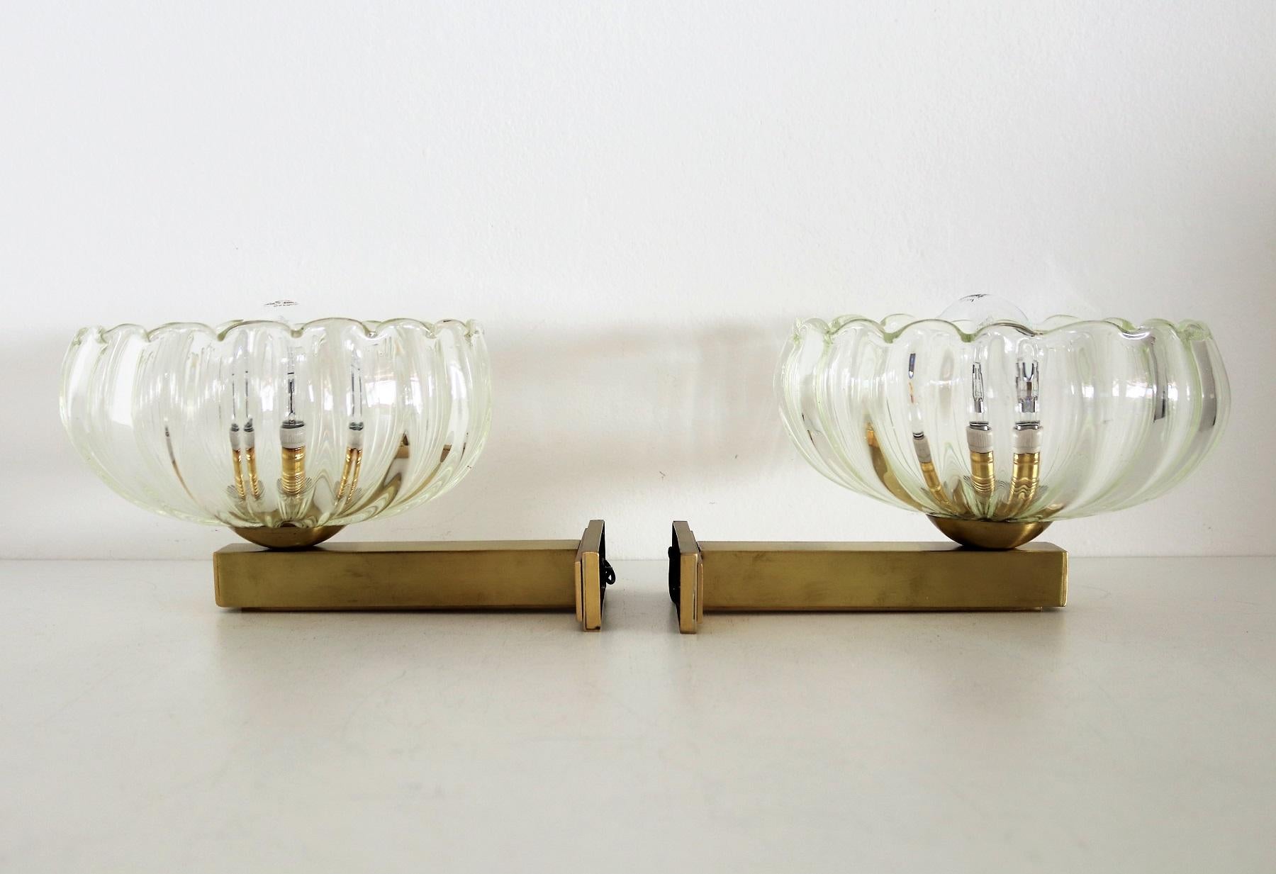 Italian Art Deco Style Brass and Murano Glass Wall Lights or Sconces, 1970s 4