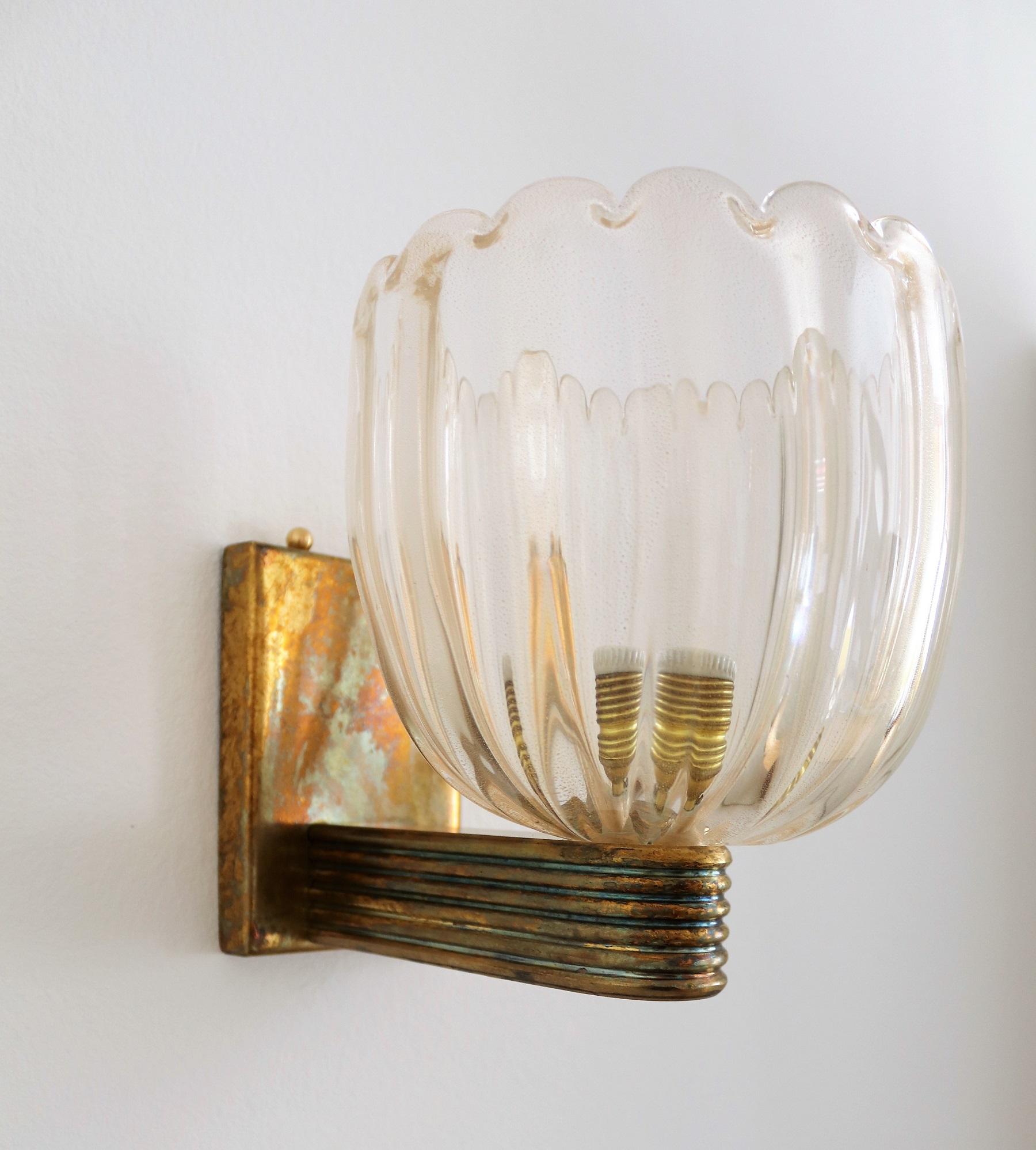 Italian Art Deco Style Brass and Murano Glass Wall Lights or Sconces, 1970s 4