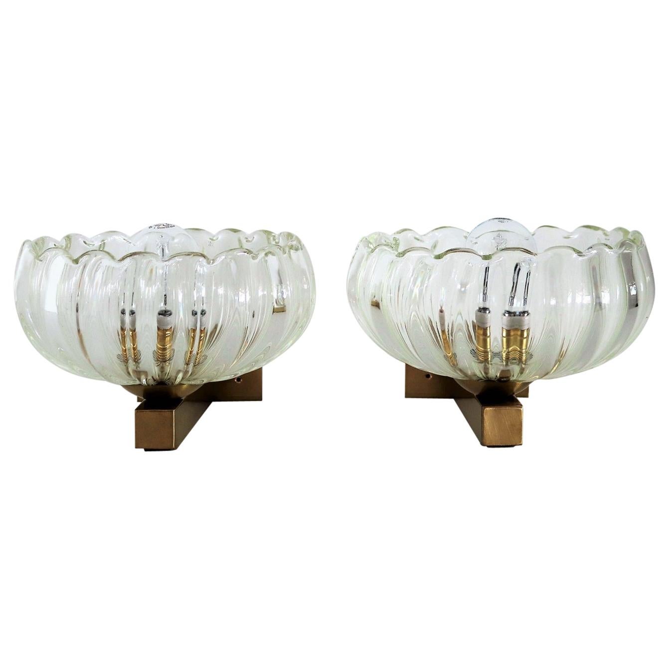 Italian Art Deco Style Brass and Murano Glass Wall Lights or Sconces, 1970s