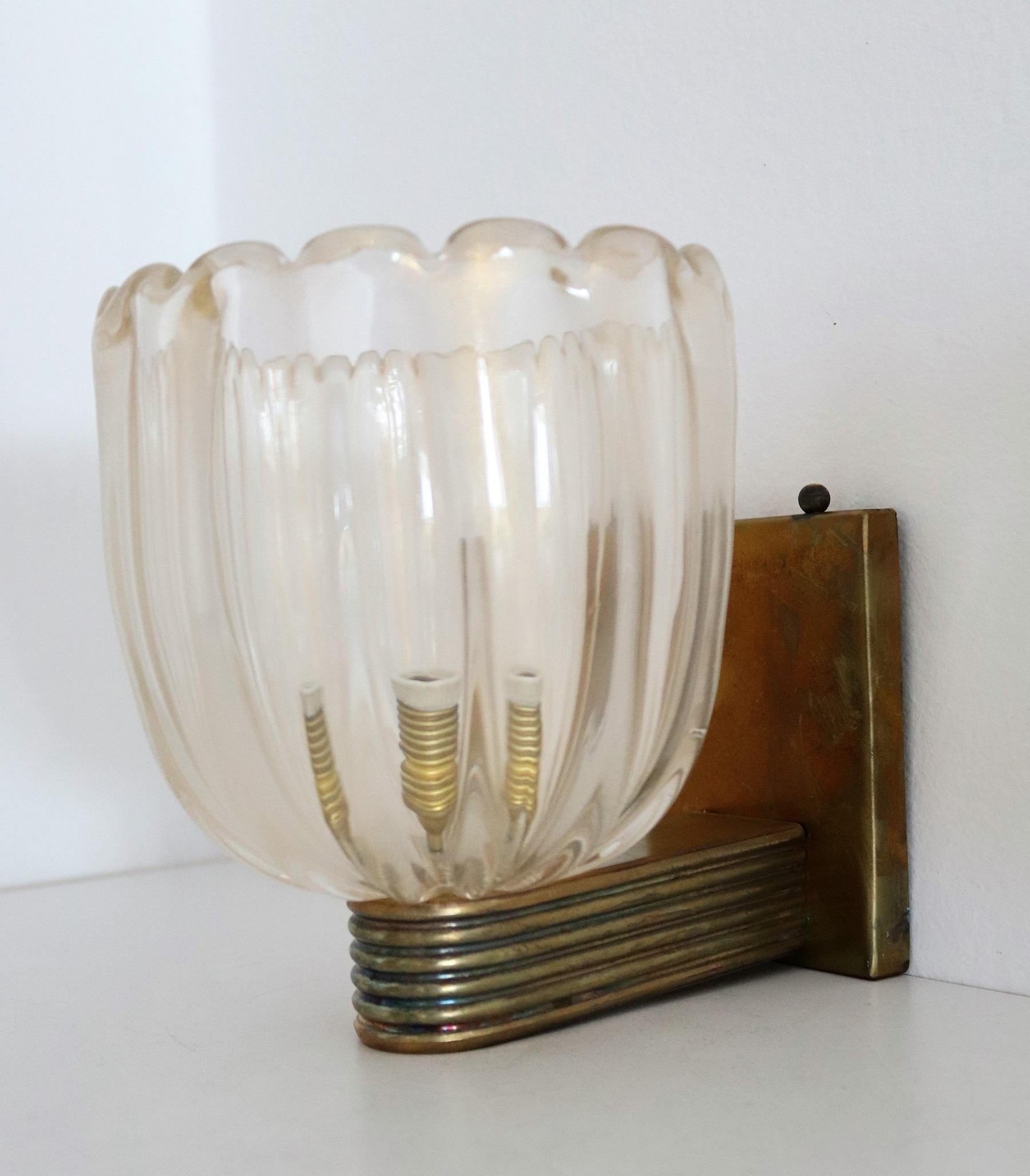 Italian Art Deco Style Brass and Murano Glass Wall Lights or Sconces, 1980s 7