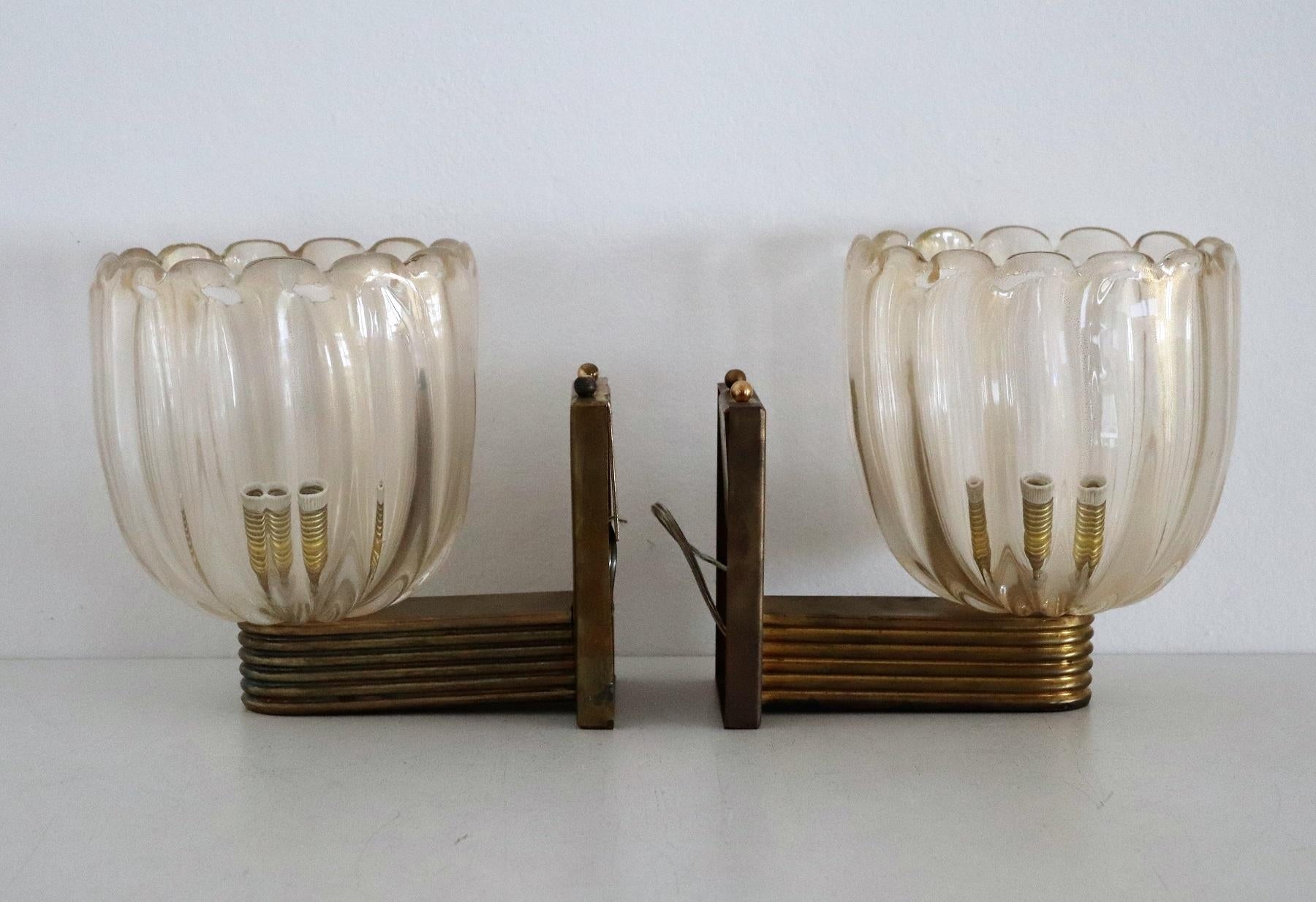 Italian Art Deco Style Brass and Murano Glass Wall Lights or Sconces, 1980s 9