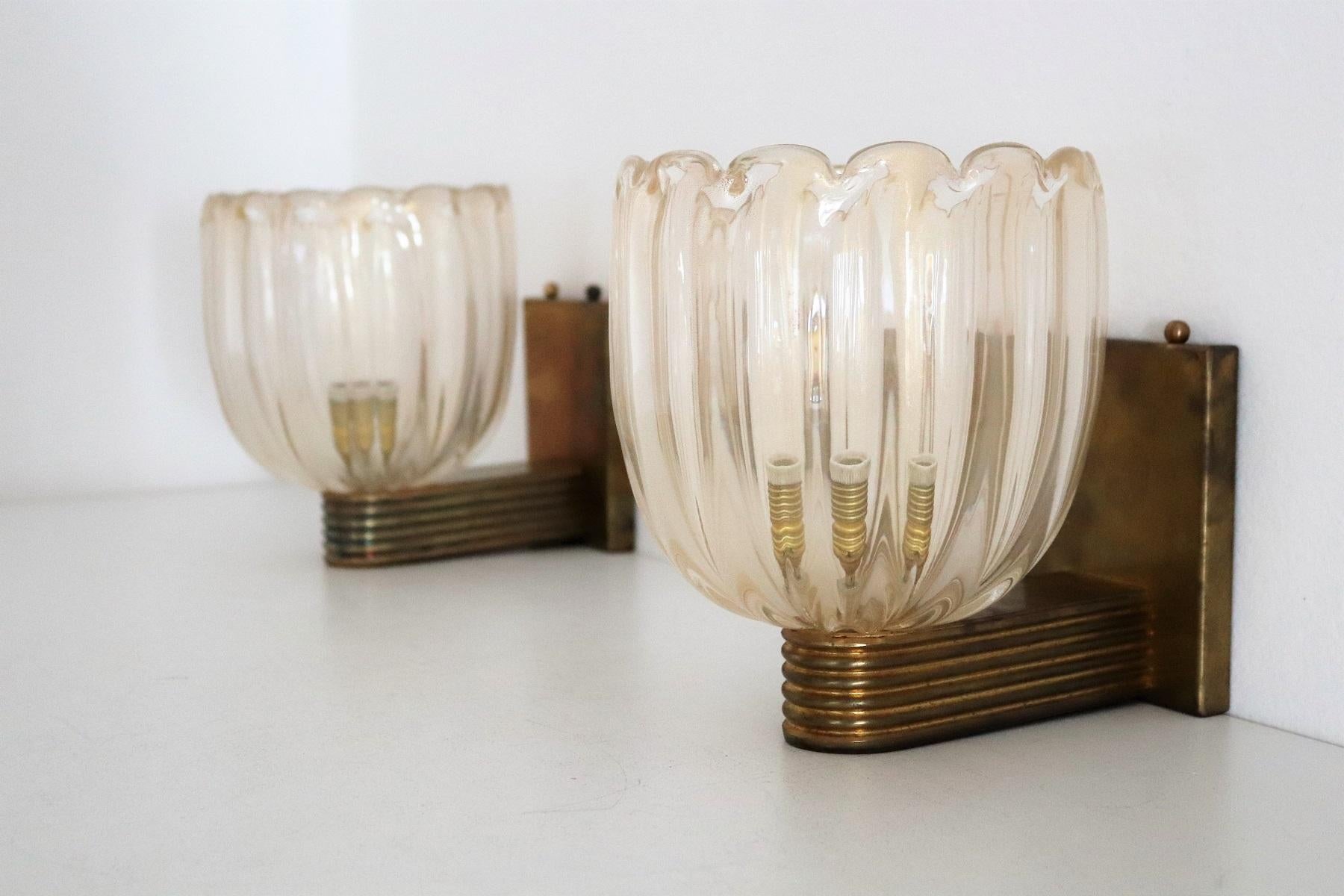 Italian Art Deco Style Brass and Murano Glass Wall Lights or Sconces, 1980s 10