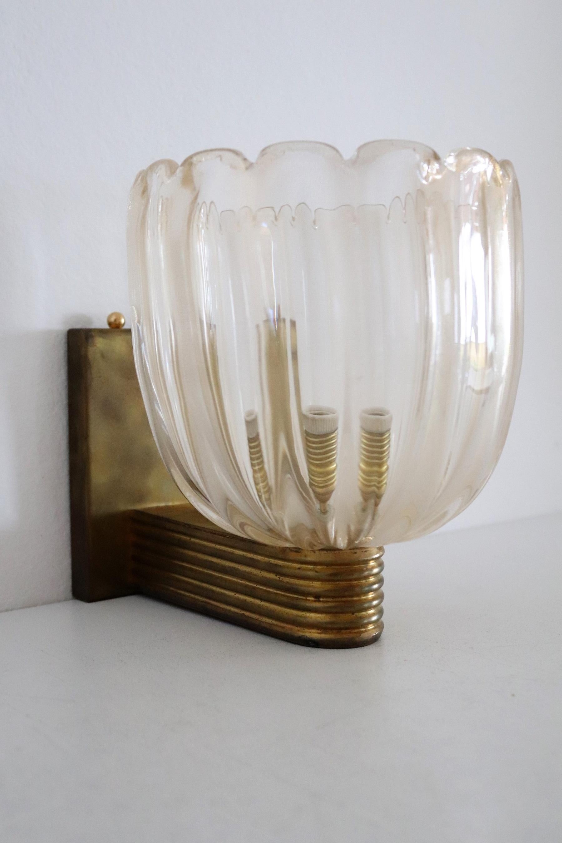 Italian Art Deco Style Brass and Murano Glass Wall Lights or Sconces, 1980s 11