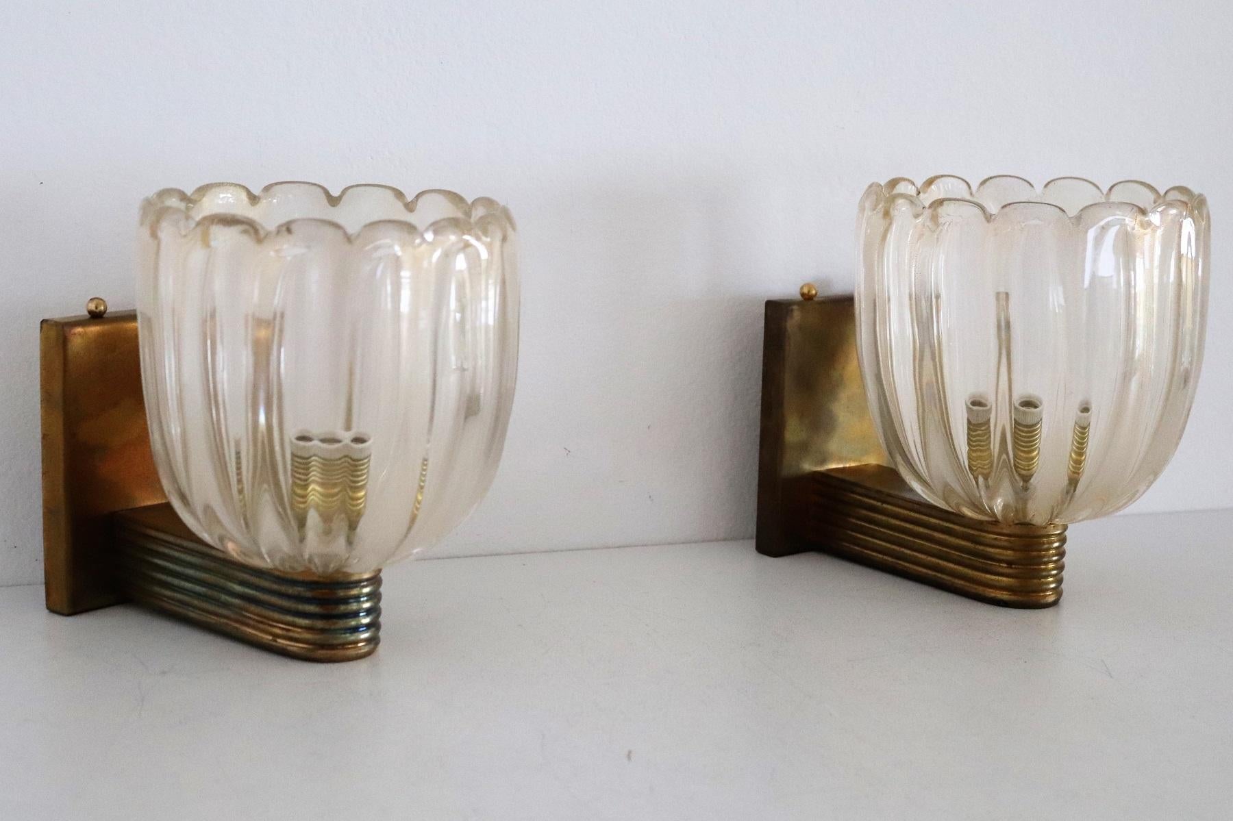 Italian Art Deco Style Brass and Murano Glass Wall Lights or Sconces, 1980s 12