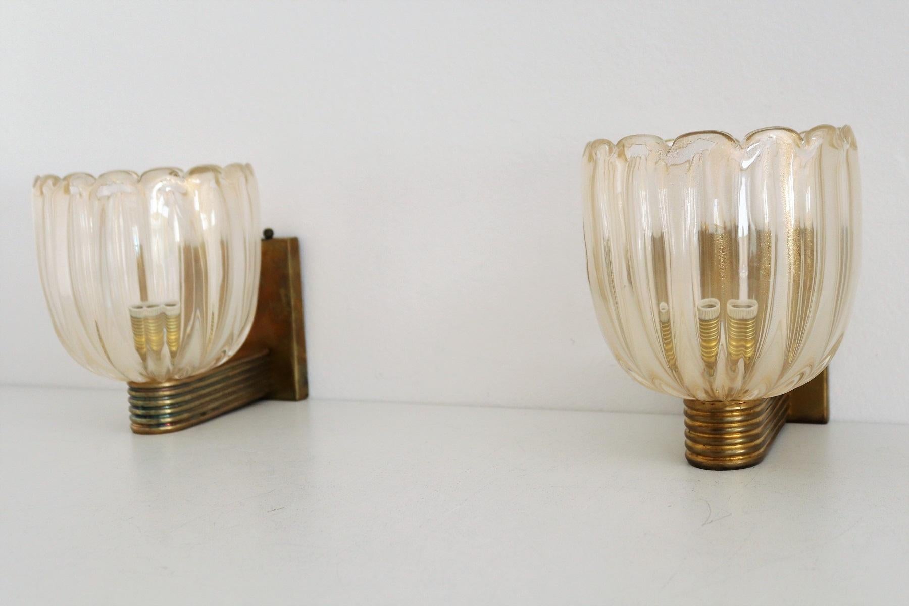 Hand-Crafted Italian Art Deco Style Brass and Murano Glass Wall Lights or Sconces, 1980s