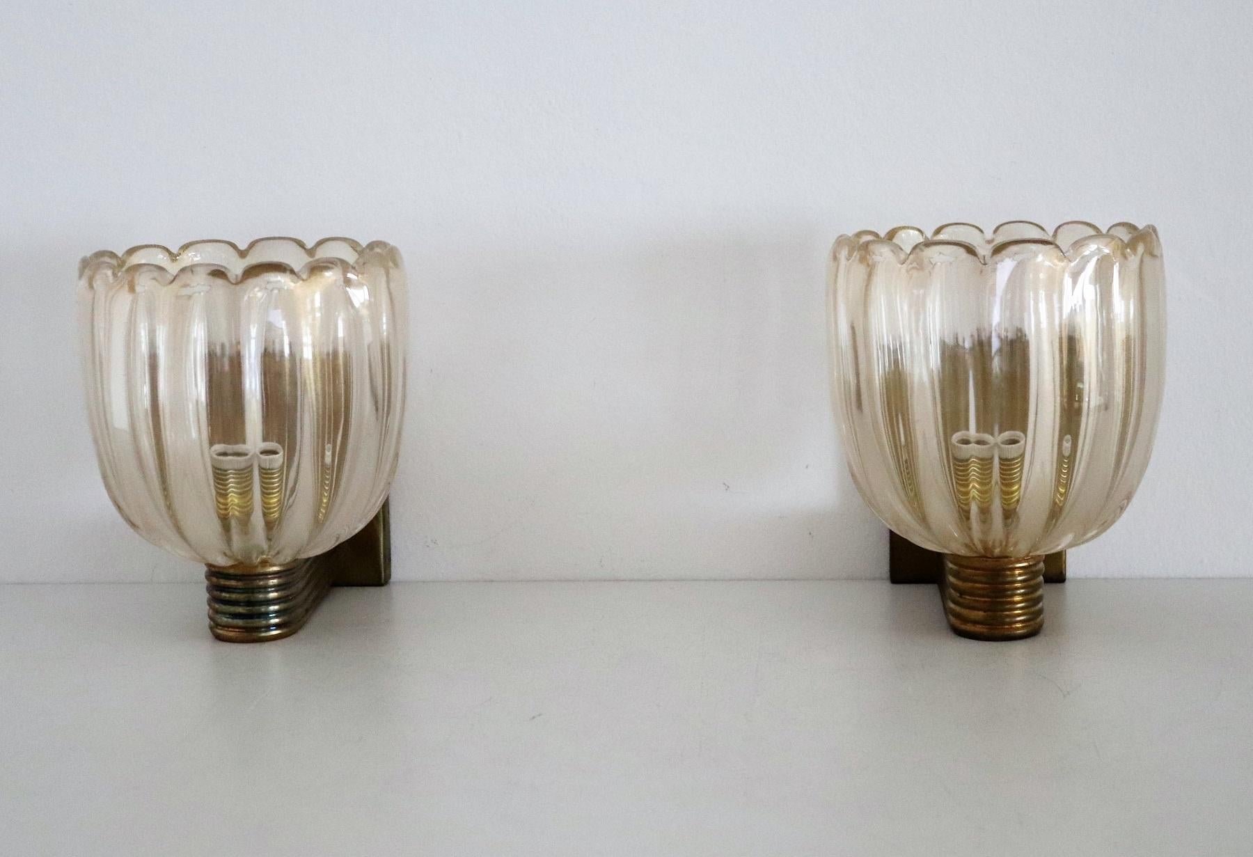 20th Century Italian Art Deco Style Brass and Murano Glass Wall Lights or Sconces, 1980s