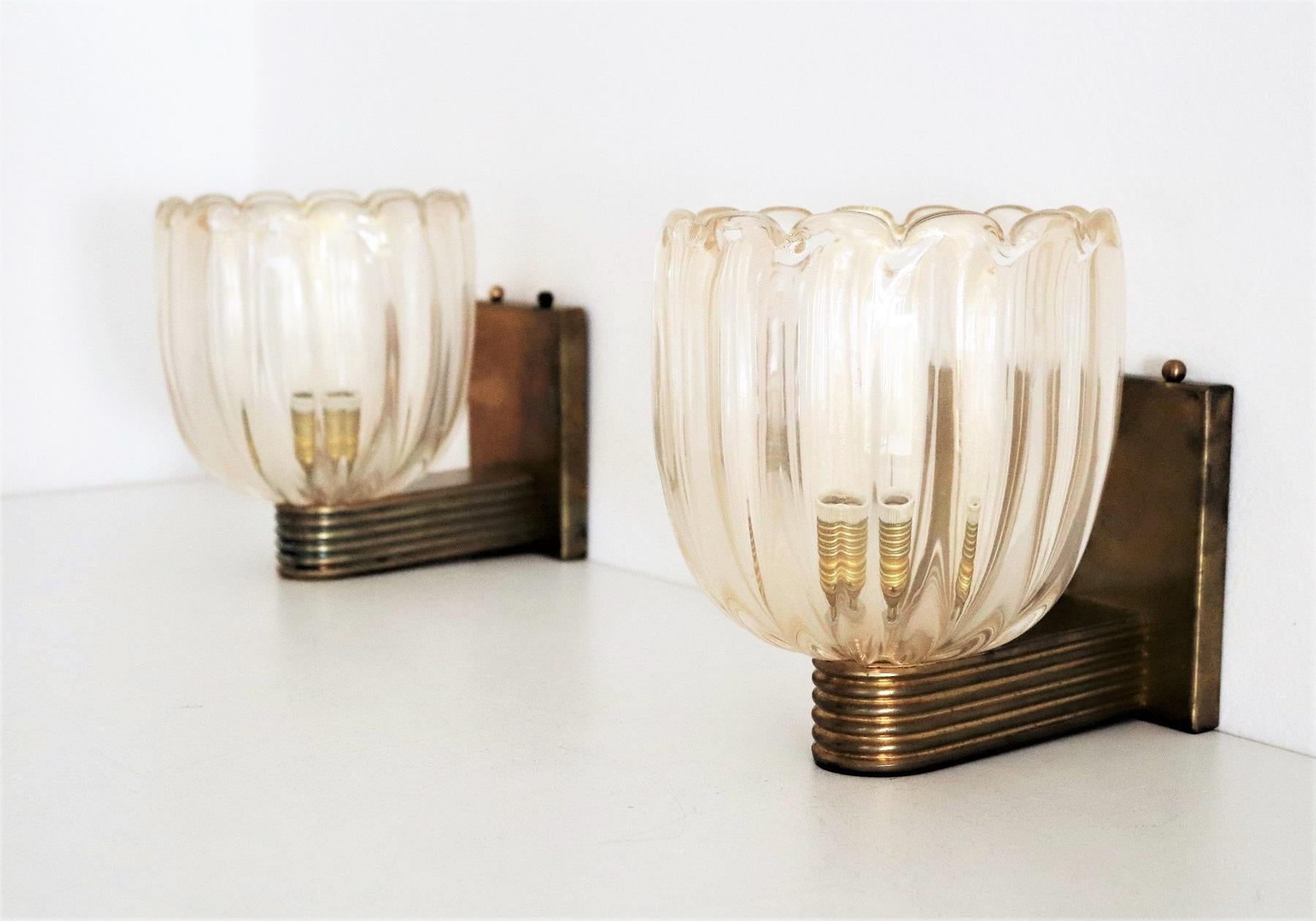 Italian Art Deco Style Brass and Murano Glass Wall Lights or Sconces, 1980s 3