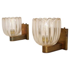 Italian Art Deco Style Brass and Murano Glass Wall Lights or Sconces, 1980s