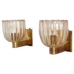 Retro Italian Art Deco Style Brass and Murano Glass Wall Lights or Sconces, 1980s