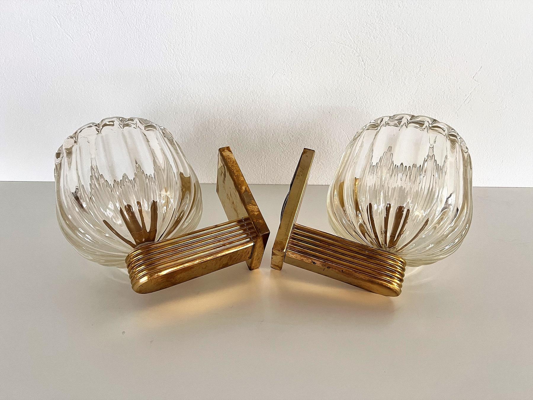 Italian Art Deco Style Brass and Murano Glass Wall Lights or Sconces, 1990s 5