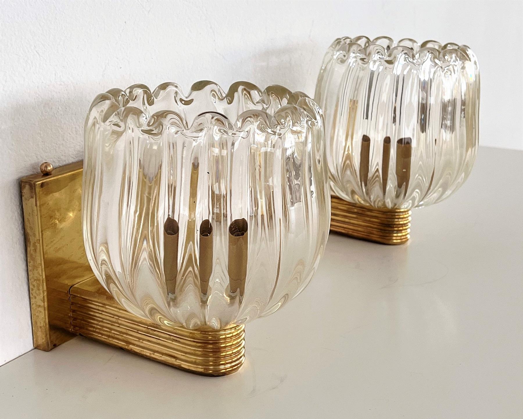 Italian Art Deco Style Brass and Murano Glass Wall Lights or Sconces, 1990s 6