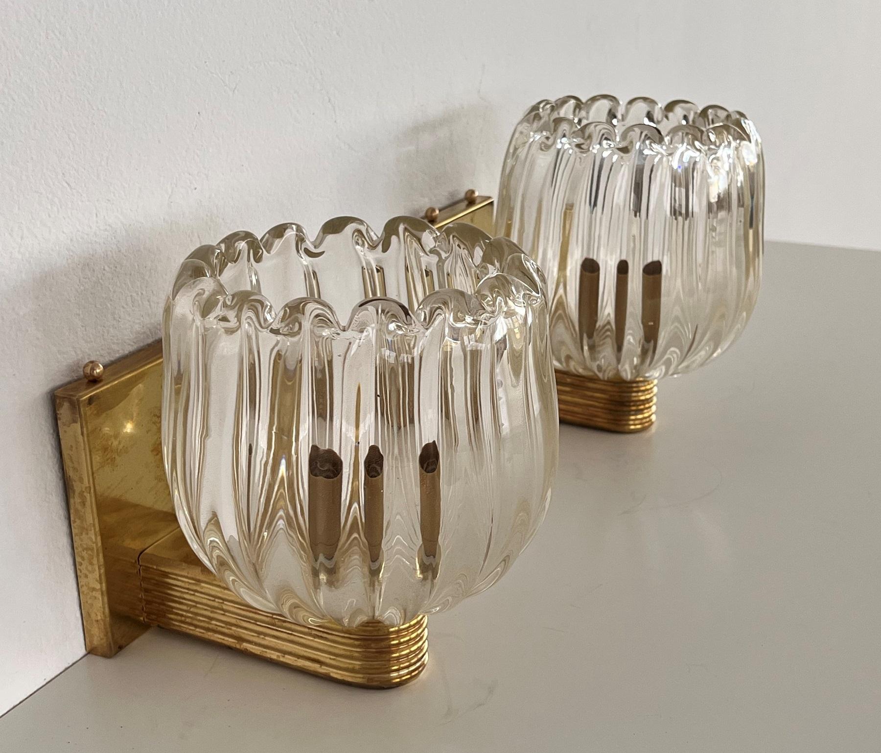 Italian Art Deco Style Brass and Murano Glass Wall Lights or Sconces, 1990s 7