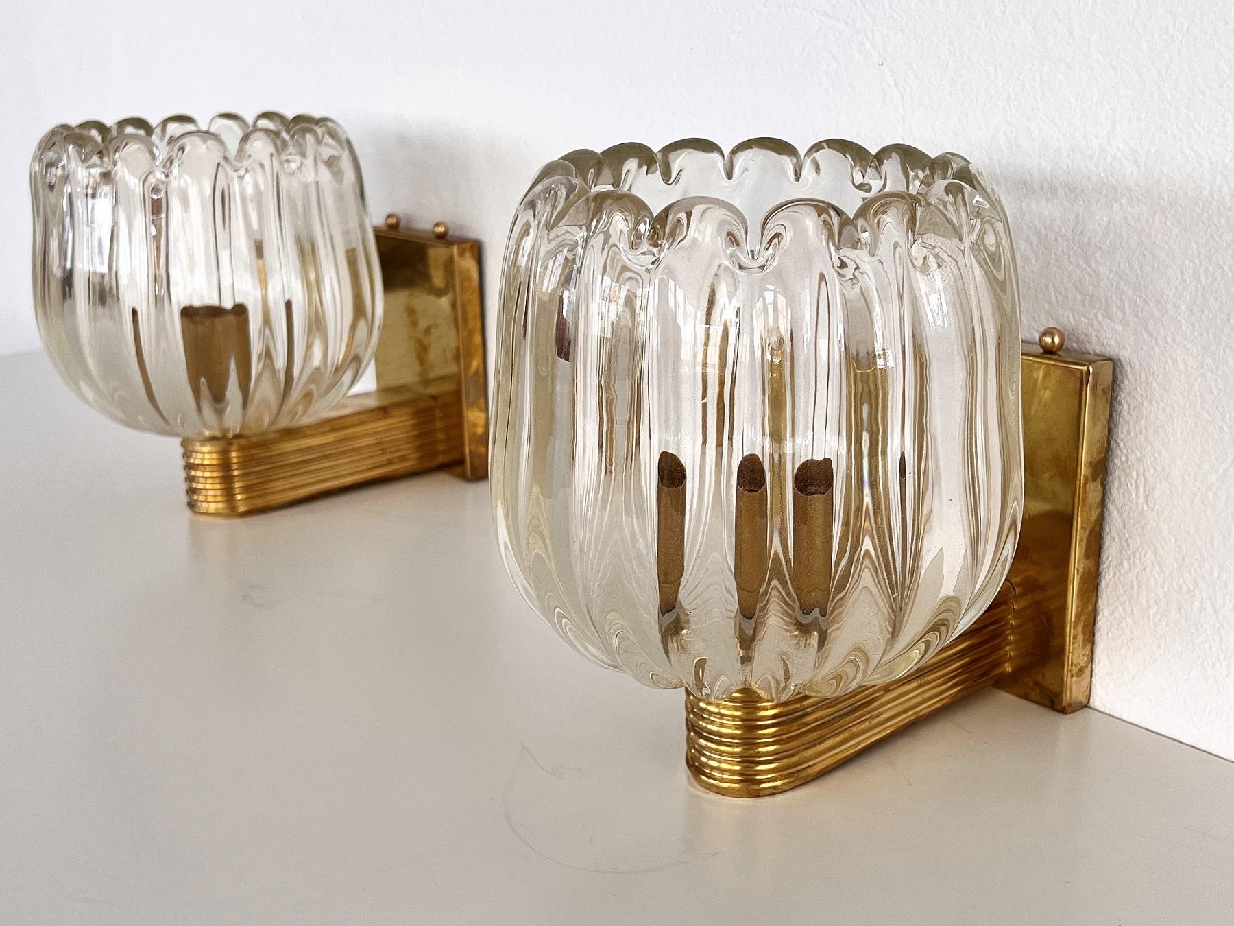 Hand-Crafted Italian Art Deco Style Brass and Murano Glass Wall Lights or Sconces, 1990s