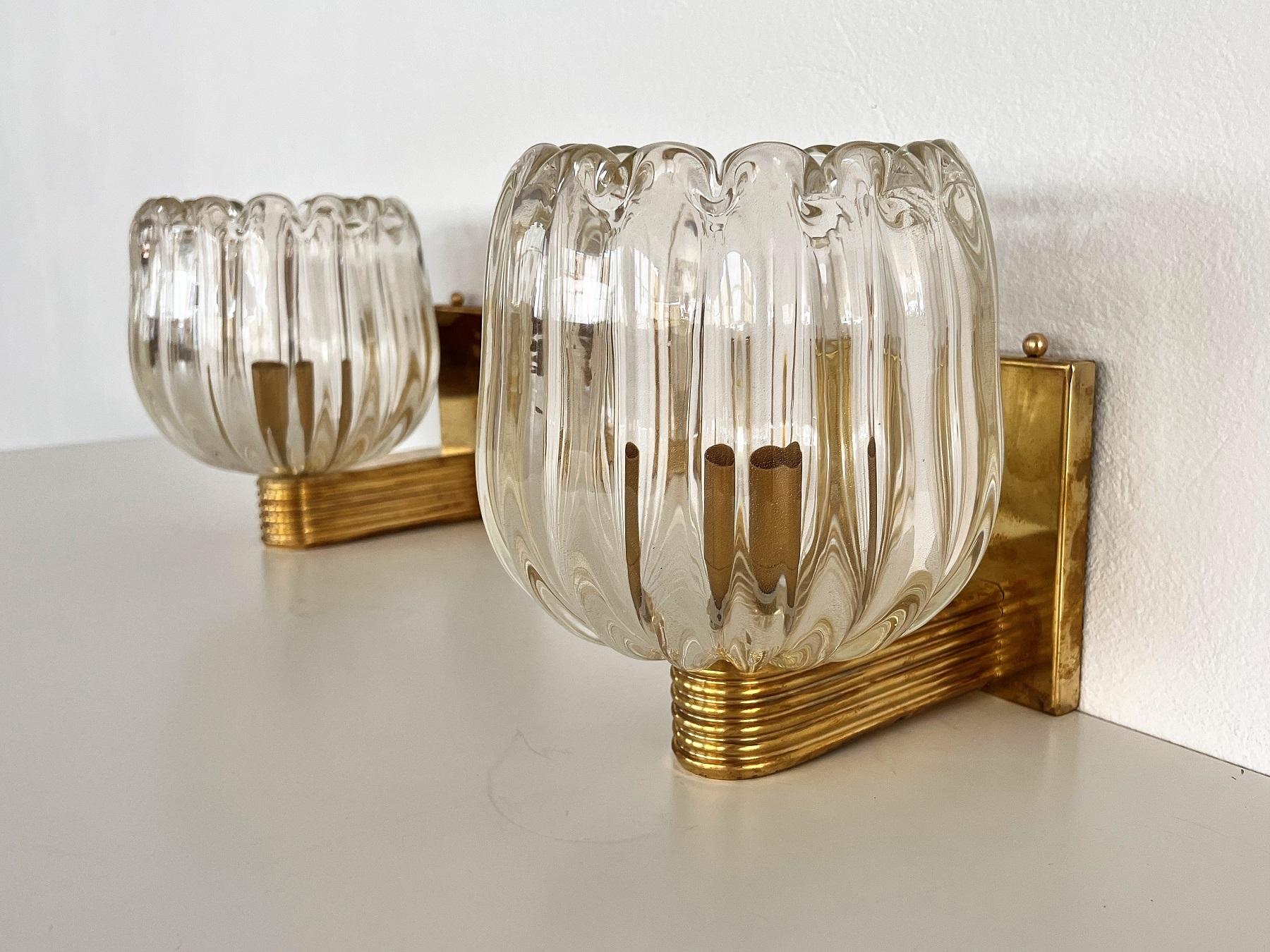 20th Century Italian Art Deco Style Brass and Murano Glass Wall Lights or Sconces, 1990s