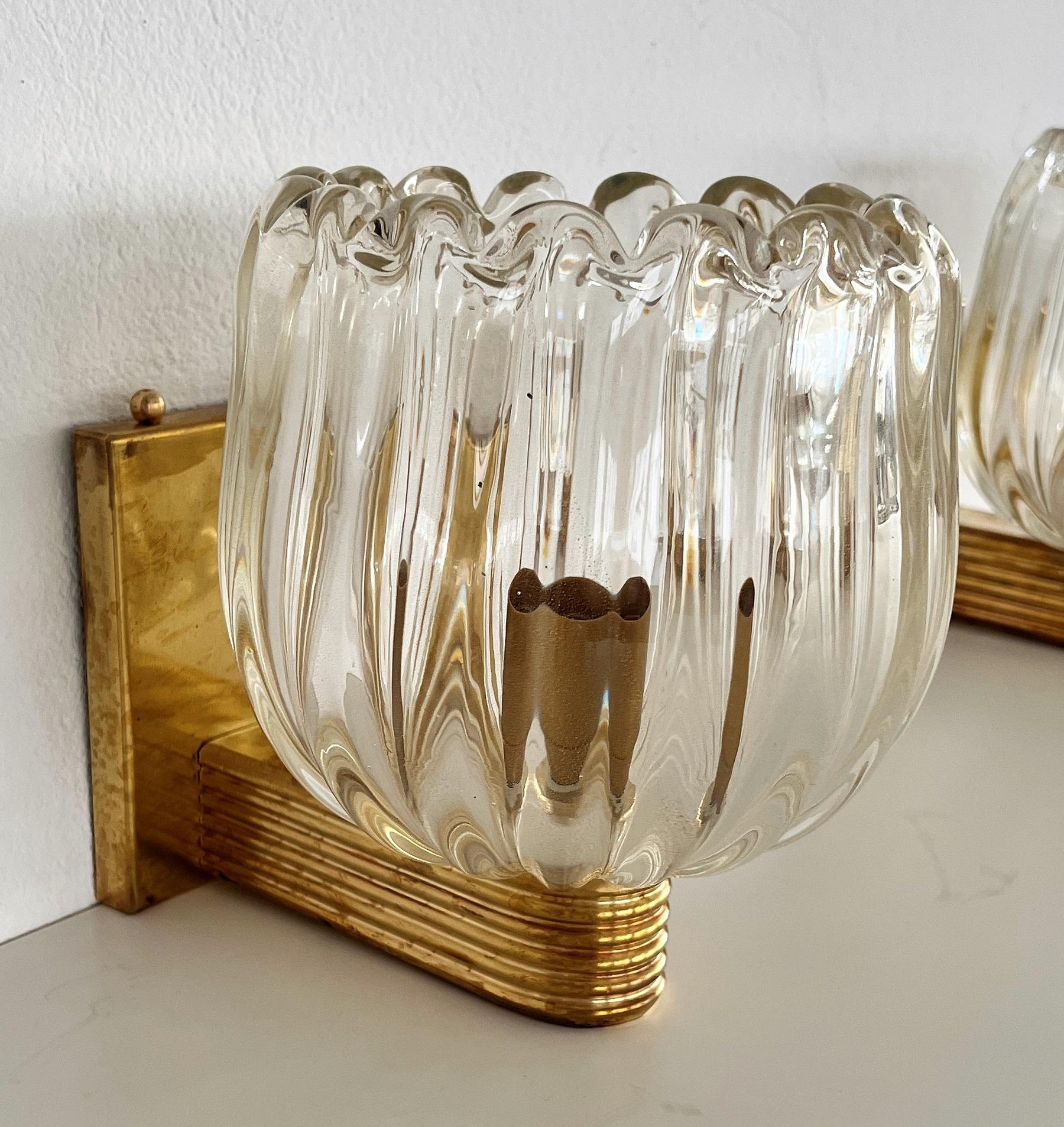 Italian Art Deco Style Brass and Murano Glass Wall Lights or Sconces, 1990s 3