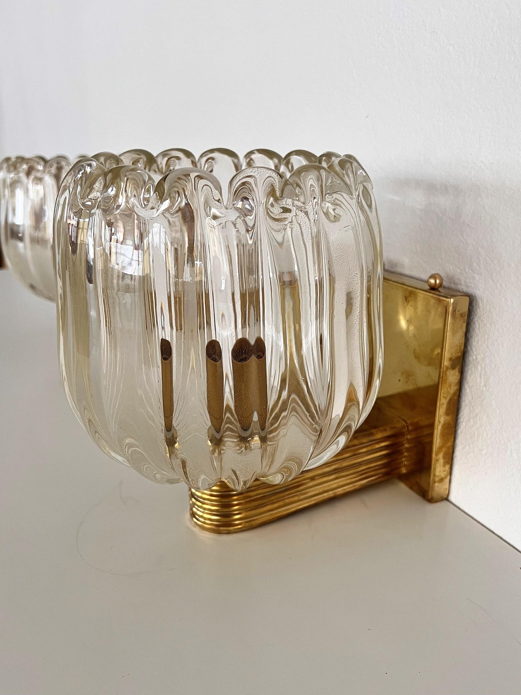 Italian Art Deco Style Brass and Murano Glass Wall Lights or Sconces, 1990s 4