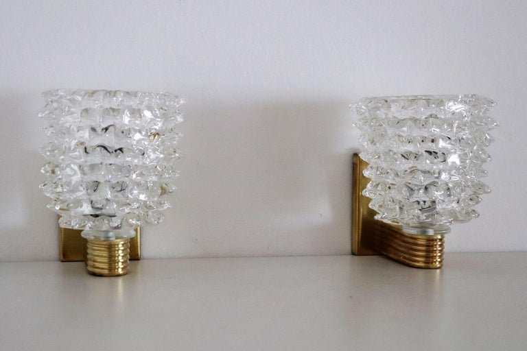 Hand-Crafted Italian Art Deco Style Brass and Murano Rostrato Glass Wall Sconces, 1990s