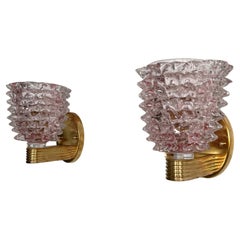 Italian Art Deco Style Brass and Pink Rostrato Murano Glass Wall Sconces, 1990s
