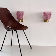 Italian Art Deco Style Brass and Pink Rostrato Murano Glass Wall Sconces, 1990s