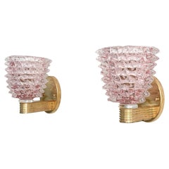 Italian Art Deco Style Brass and Pink Rostrato Murano Glass Wall Sconces, 1990s